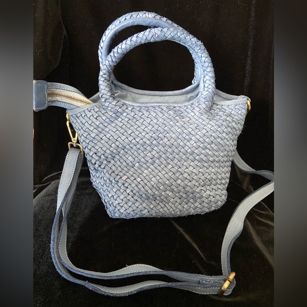 BOLSA NOVA Lisa Woven Mini Tote In Denim Blue with Top Handle & Shoulder Strap